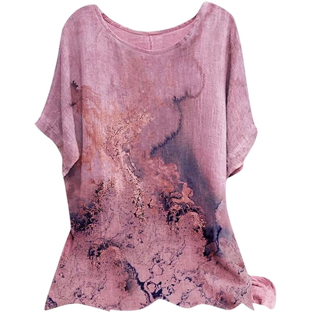 Gibobby Camisa Vaquera Verano Mujer Manga Corta Cuello Redondo Floral Impreso Top Suelto Camisetas Casual Túnica Camiseta Blusa(Rosa, XXL)