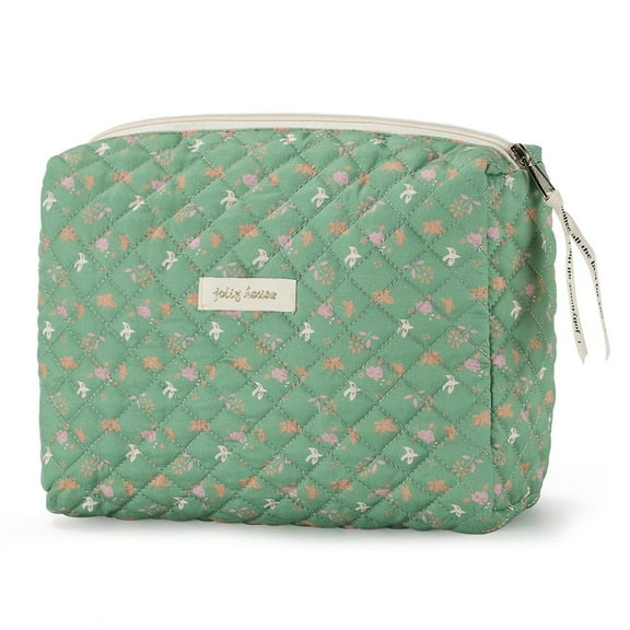 Duslogis Cotton Makeup Bag, Kawaii Floral Cosmetic Bag Large Travel Toiletry Bag, Quilted Cosmetic Pouch for Women (Green)