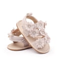thumbnail image 2 of Baby Girls Summer Sandals with Knit Flower Open Toe Flat Beach Shoes Soft Sole Indoor Crib Walking Shoes Beige 3 Infant, 2 of 5