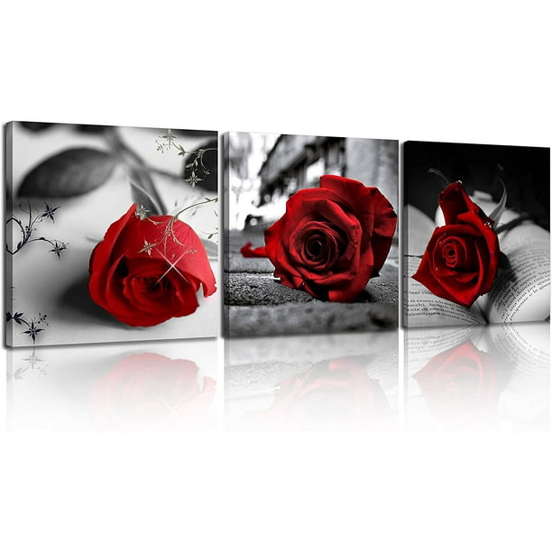 Fabricmcc 3 Pcs Black And White Red Rose Canvas Art Painting Abstract Wall Decorations Flower Picture On For Home Decor Valentines Gift Stretched Framed 12x12inches Com - Black White Red Wall Art Decor