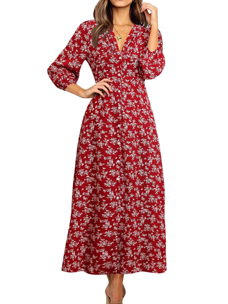 Women V Neck Floral Printed Button Maxi Dress - Walmart.com