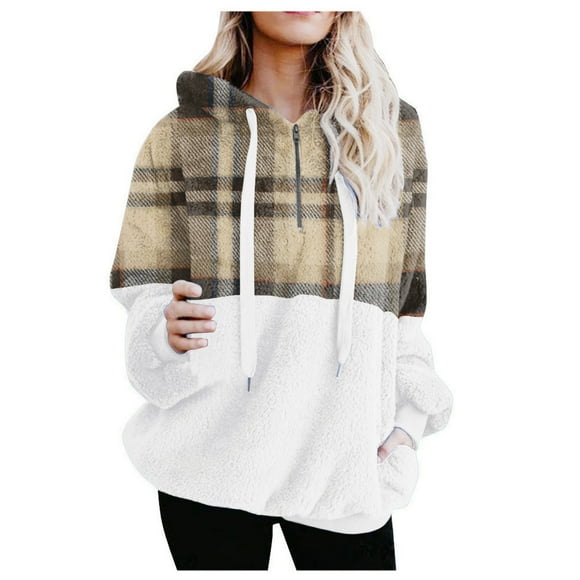 jsaierl Fuzzy Hoodies for Women Sherpa Striped Hooded Sweatshirt Fleece Color Block Long Sleeve Quarter Zip Pullover Plush Winter Warm Top with Pocket