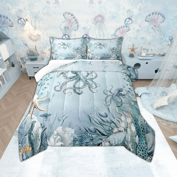 Octopus Comforter Set Teal Blue Ocean Beach Coastal Bedding Comforter Sets Full,Starfish Octopus Tentacles Quilt Underwater Creature Coral Duvet Insert,Kawaii Fish Room Decor