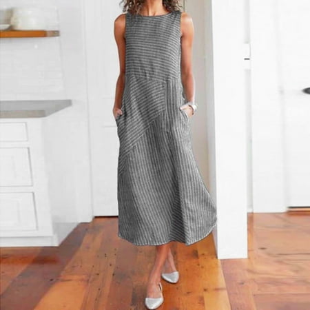 

YanHoo Casual Dress for Women Fashion Linen Sleeveless Crew Neck Striped Loose Dresses Shift Long Tank Dress with Pocket