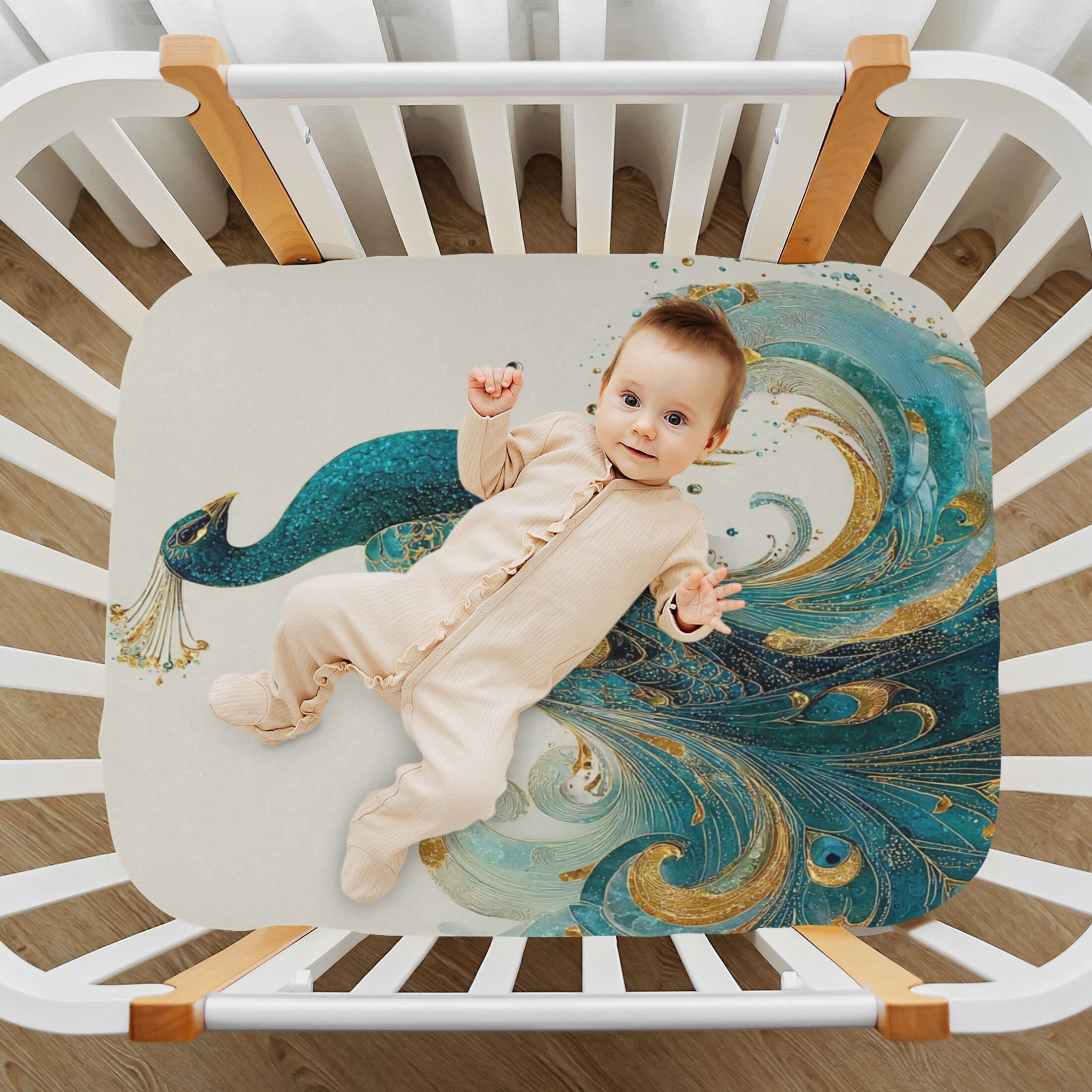 Baby Essentials 52”x 28”- Standard Cotton-like Modal Elastic- Decorated with Peacocks Design Crib Sheets for Newborns and Toddlers