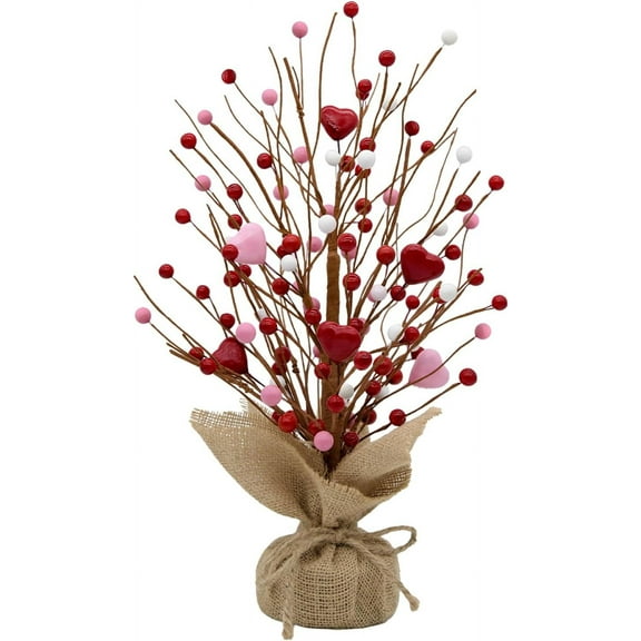 Artificial Valentine's Day Heart Berry Tree Decor - 16-Inch Red & Pink Valentine's Day Table Centerpieces for Valentines Day Indoor Decorations