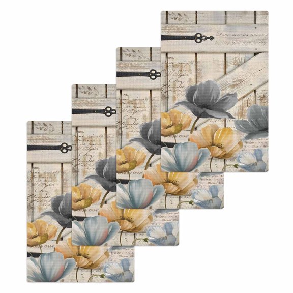 Spring Tulips Flower Kitchen Dish Towels for Drying Dishes Set of 4, Vintage Floral Barn Doors Rustic Beige Waffle Weave Microfiber Hand Tea Bathroom Towels Quick Dry & Absorbent Towel 15.7x23.6