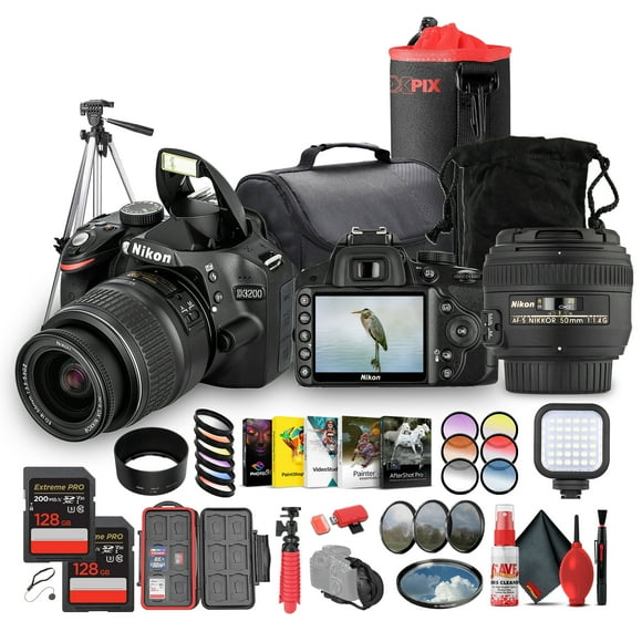 Nikon D3200 DSLR Camera 24.2MP with 18-55mm Lens Bundle 50mm f/1.4 Lens 128GB Card Tripod LED Light (International Model)