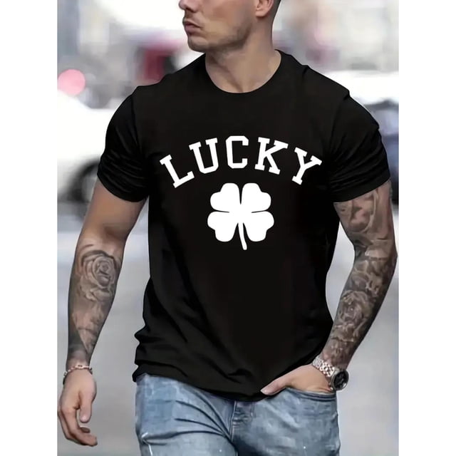 Comodidad diaria, camiseta informal de cuello redondo para hombre con estampado geométrico de trébol de la suerte, tejido de punto 100 % algodón, manga corta para todas las estaciones, ropa cómoda | M