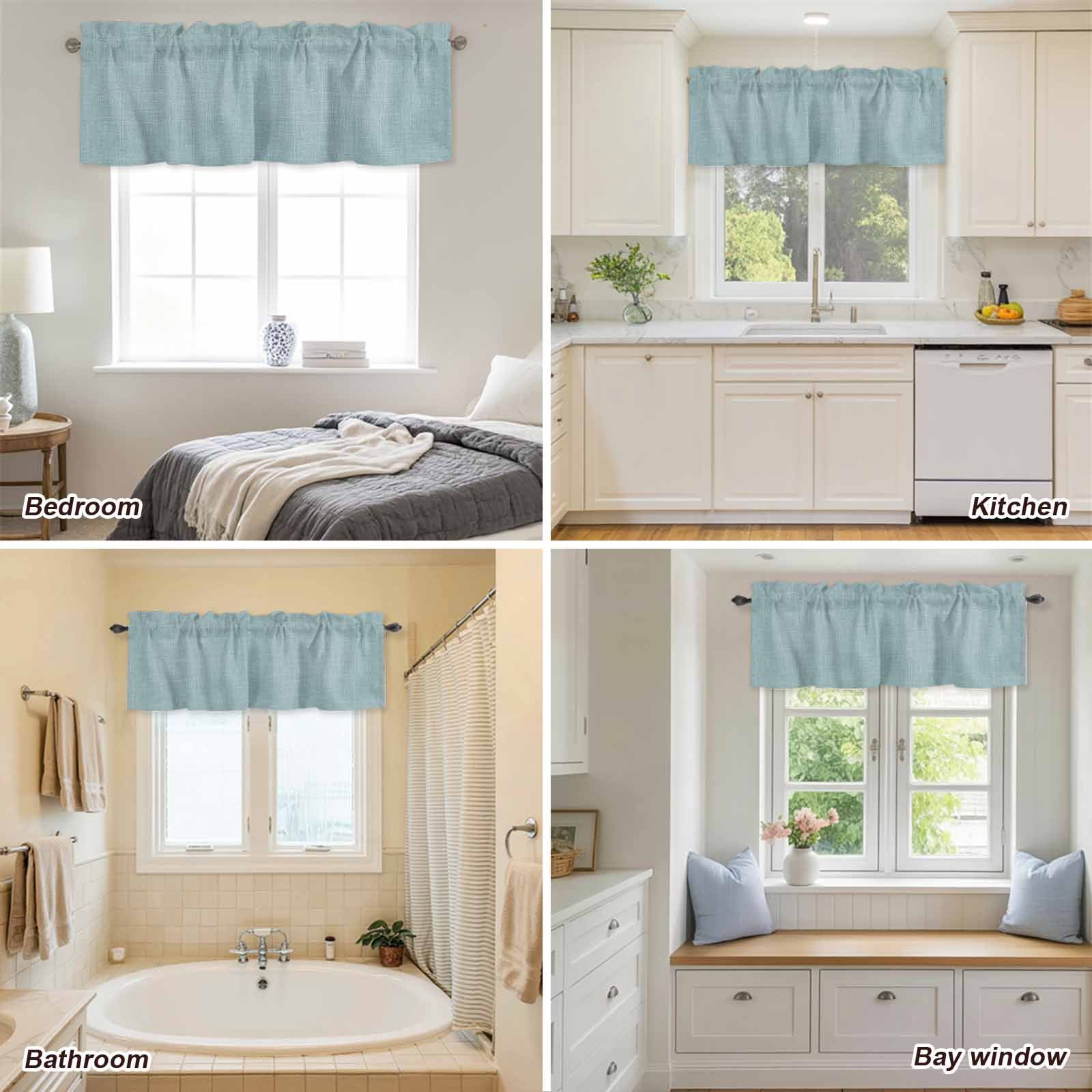Curtain Valance for Windows, Light Blue Vintage Linen Kitchen Valances Rod Pocket Short Curtains, Solid Color Window Valance for Bedroom Bathroom Living room 60x18in
