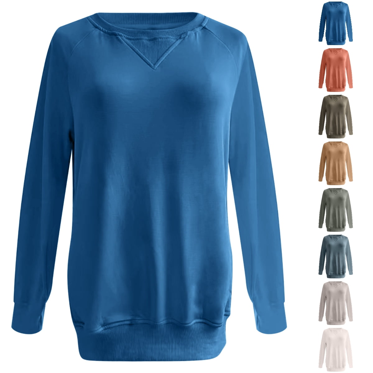 GPOECD Womens Sweatshirt Ribbed Pocket Pullover Top Loose Fit Long Sleeve Autumn Winter Fashion Tops for Women Blue,S