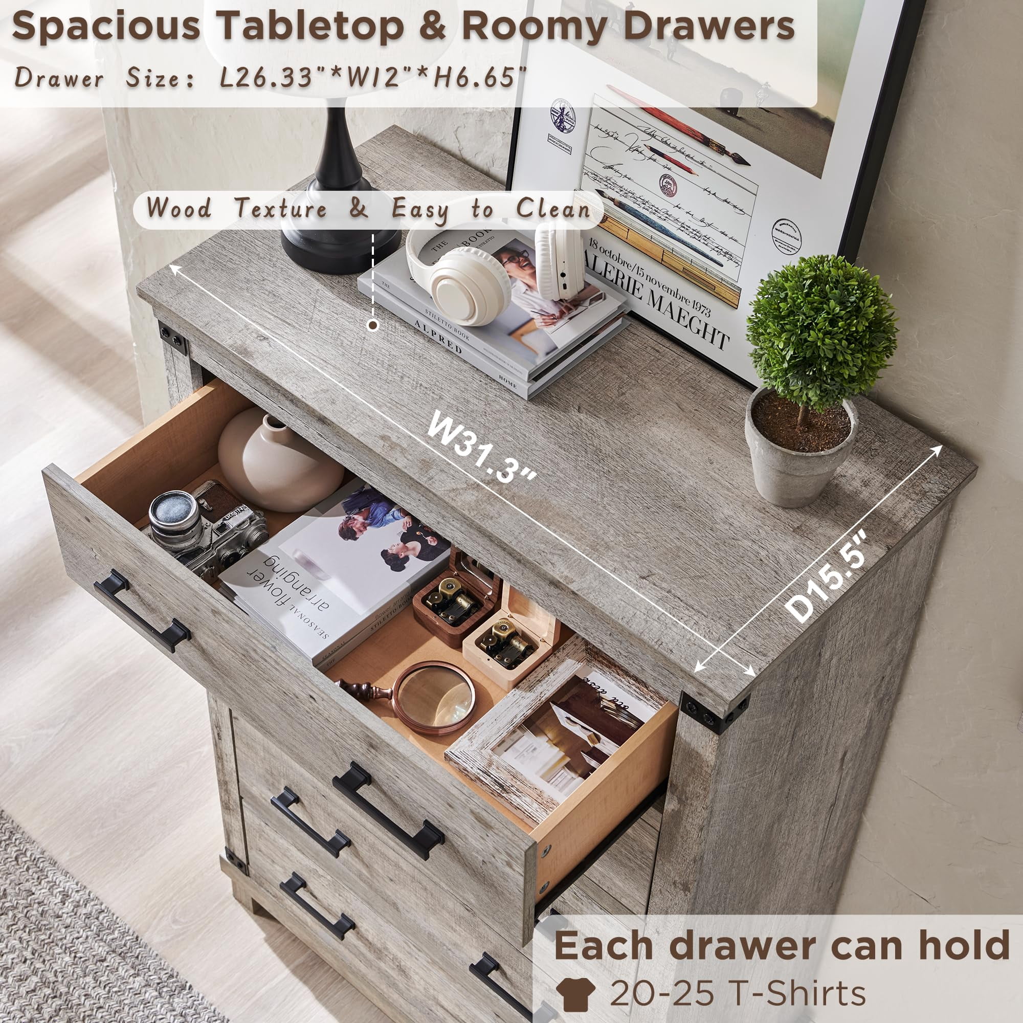 OKD Farmhouse 5 Drawers Dresser for Bedroom, Tall Chest of Drawers with Thick Plank Styling, Wood Rustic Closet Dresser for Bedroom, Living Room, Light Rustic Oak Color
