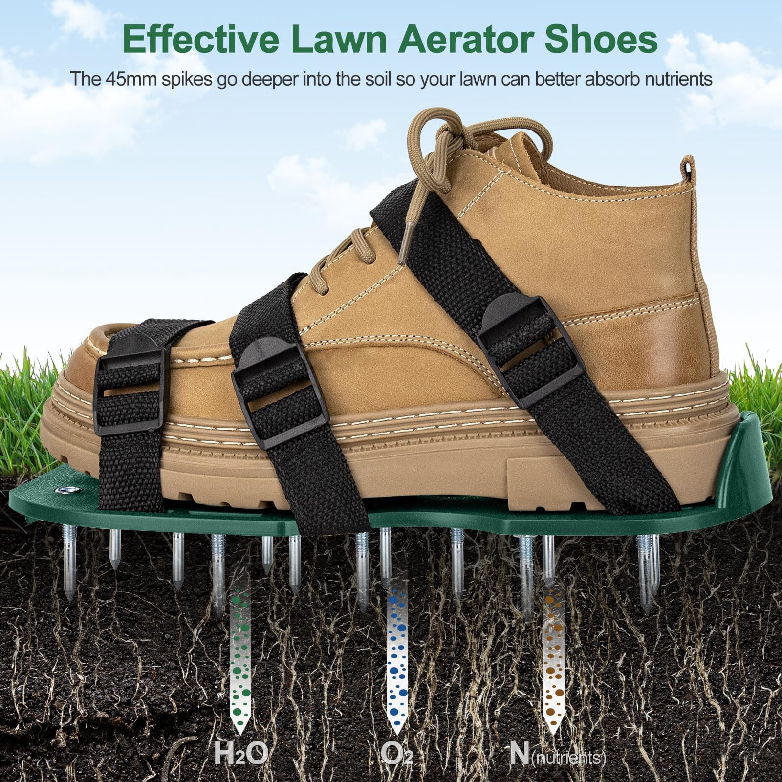 lawn aerator shoes,lawn aerator,aerating shoes for lawn,All New Unique Design Free-Installation Heavy Duty Spiked Aerating Sandals,One-Size-Fits-All for Yard Patio Lawn Garden(Green)