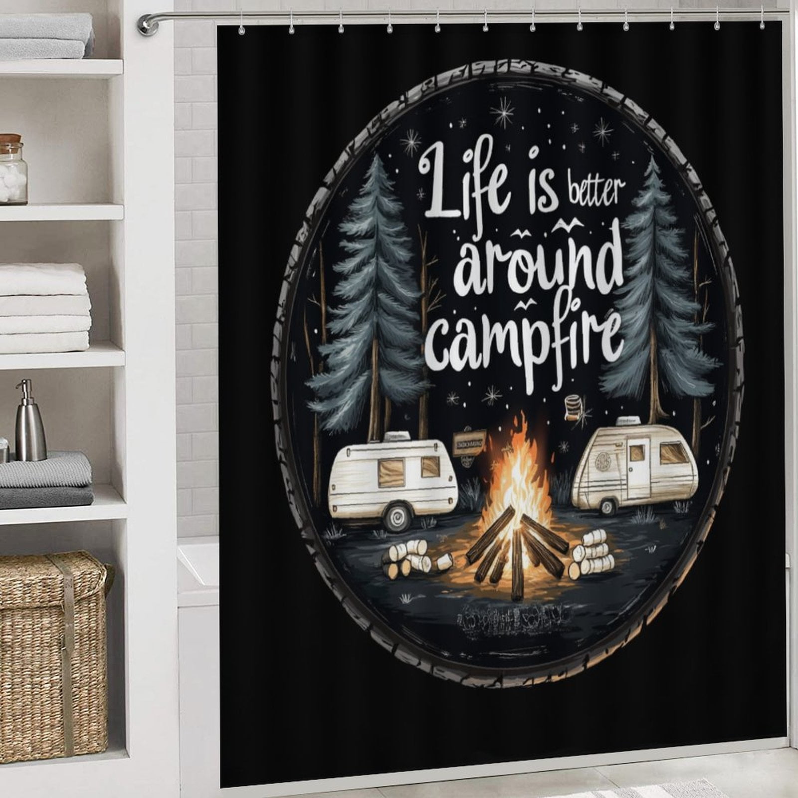 Life Is Better Around The Campfire Shower Curtain Sets 4 Piece with Non-Slip Rugs Toilet Lid Cover And Bath Mat Summer Camping Campfire Waterproof Personality Pattern Bath Curtain for Bathroom Decor