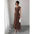 thumbnail image 5 of Coffee Brown Womens V-Neck Ruched Waist Pleated Maxi Dress With Drop Shoulder Sleeve, 5 of 6