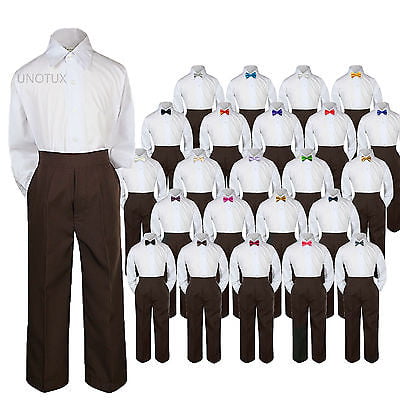 3pc Shirt Brown Pants Necktie Set Baby Toddler Kids Boys Wedding Formal Suit S-7 