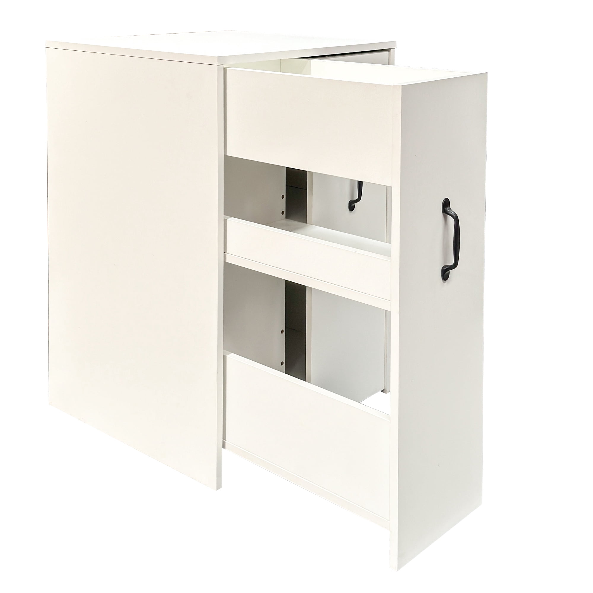 Mintazer 3 Tier Pantry Cabinet with Adjustable Side Panel, Modern Storage Cabinet with Drawer & Dividers, Freestanding Bookshelf for Living Room Bedroom Home Office, White