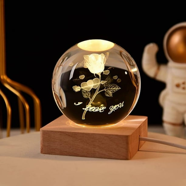 InnotechSC 3D Rose con Te Amo en Bola de Cristal de 60 Mm con Grabado Láser, Esfera de Vidrio para Decoración Del Hogar con Base de Luz de Madera