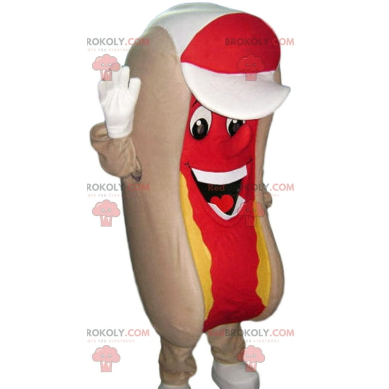 Hot Dog Redbrokoly Mascot with Mustard. Hot Dog Costume, Adult Unisex, Size: One Size