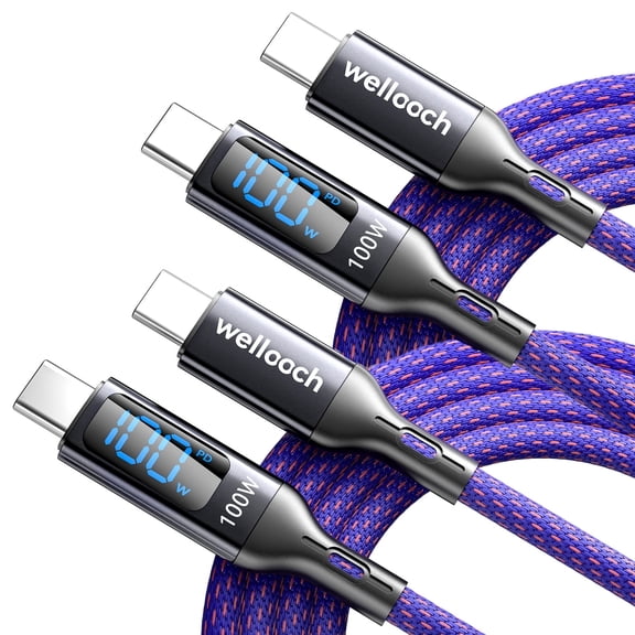 Wellooch 100W USB-C to USB-C Cable with LED Digital Display, 3ft, 2-Pack, Purple - Fast Charger Cord