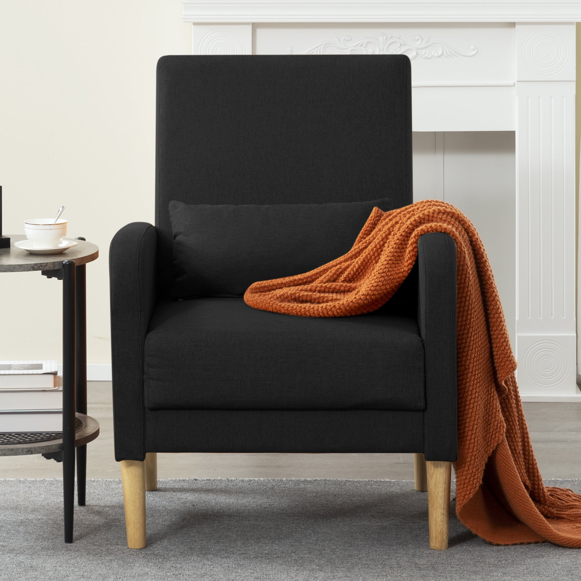 Gewnee 26.5”Modern Accent Chair,Linen Fabric Upholstered Comfy Single Chair with Solid Wood Frame & Pillow for Living Room,Apartments & Small Spaces.Black