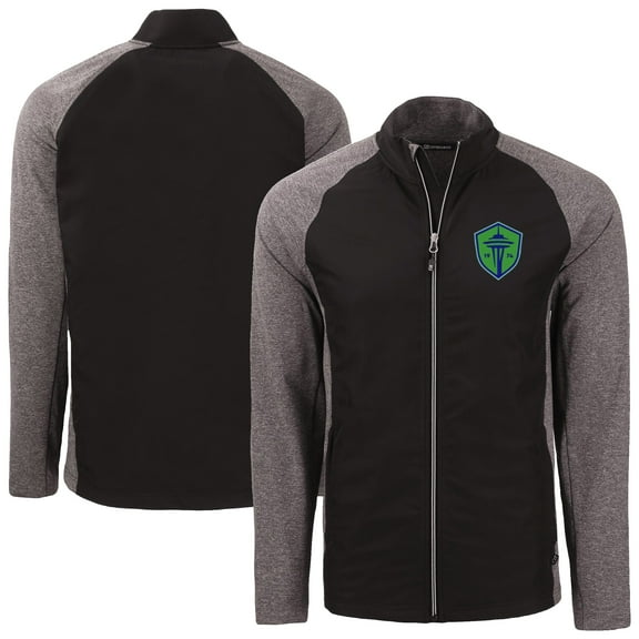 Men's-Cutter & Buck Black/Heather Black Seattle Sounders FC Adapt Eco Knit Hybrid Recycled Full-Zip Jacket