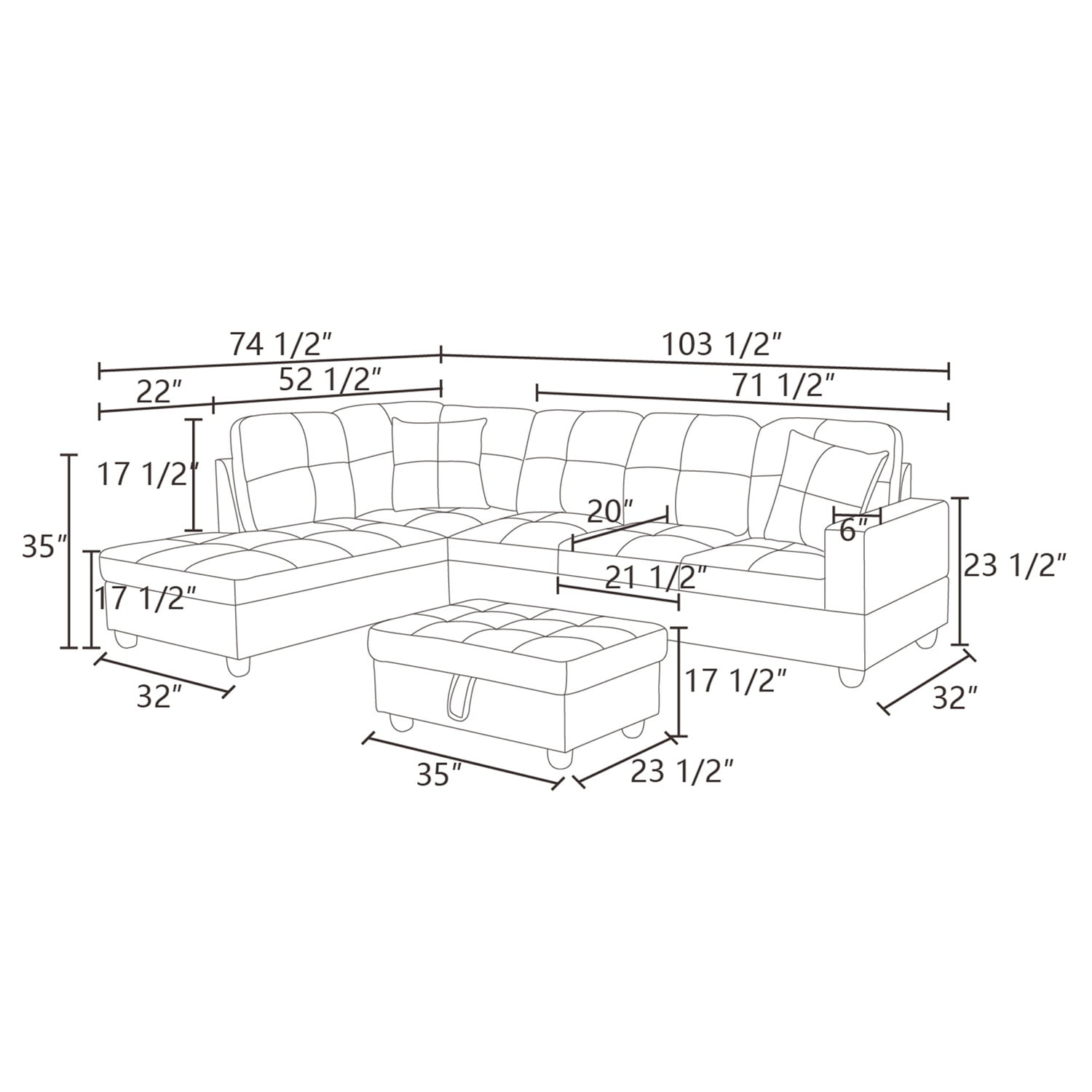 Hommoo Semi PU Synthetic Leather 4-Seat Couch Living Room Sofa Set, Modern Couch Sofa Set, Sectional Sofa Chaise Lounge for Home, Apartment, Loft and Office, Dark Grey(Without Ottoman)