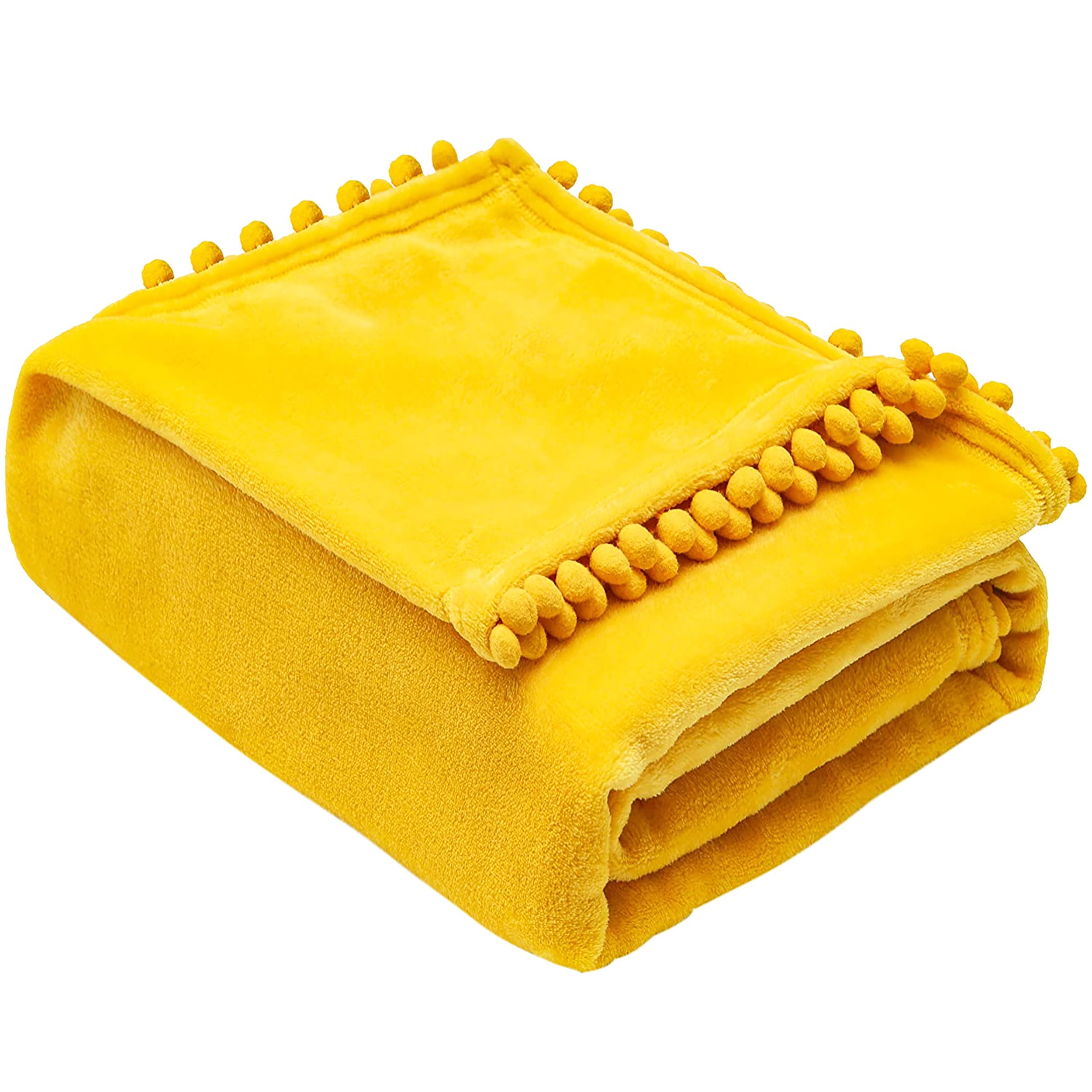 NexHome Fleece Throw Blanket with Pom Pom Fringe Yellow Soft Cozy