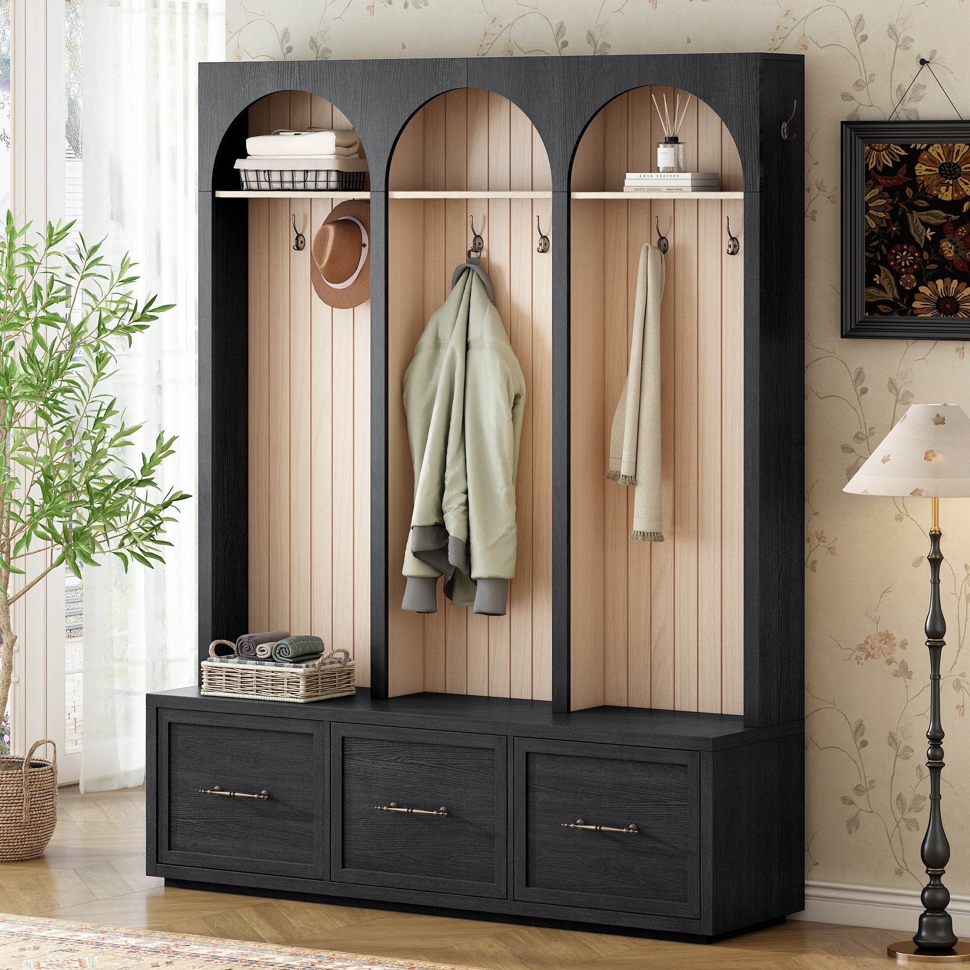 Aukfa Arched Hall Tree with Storage Bench, Shoe Cabinet & Entryway Organizer for Mudroom, Living Room, Hallway, Black