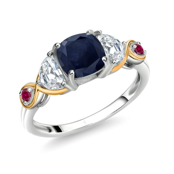 Gem Stone King 925 Silver and 10K Yellow Gold 3-Stone Ring Cushion Sapphire Half Moon Moissanite (1.96 Carat Cttw) (Size 9)