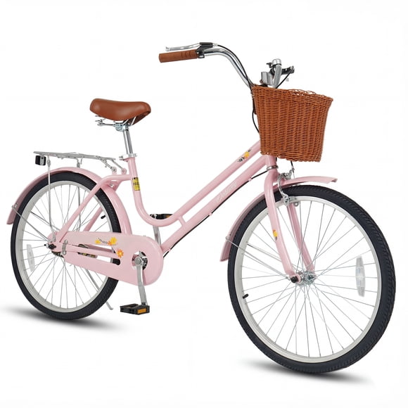 Gymax 24-Inch Beach Cruiser Bike w/Adjustable Seat Woven Basket & Rear Rack for City Pink
