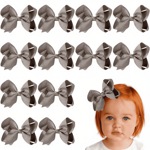 Joybowie 12Pcs 6In Baby Bows Hair Bows, Solid Gray Ribbed Ribbon Hair Accessories, Infant Toddler Fit