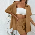 thumbnail image 4 of ZJXFGS Linen Short Sets for Women Beach Vacation Outfits Lounge Tracksuits Fashion Cardigan Short Sleeve Shorts 2 Piece Set Woman Coffee XL, 4 of 6