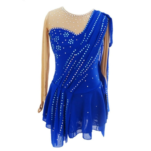 LIUHUO Custom Figure Skating Dress Girls Ladies Spandex Royal Blue Asymmetrical Shoulder with Shiny Rhinestone Embellishments