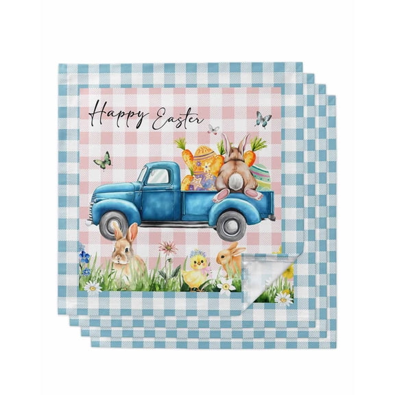 Blue Plaid Easter Cloth Napkins Set of 4 Reusable Dinner Napkins, Truck Spring Floral Bunny Animals Cocktail Napkin Washable Table Napkins for Wedding/Holiday Party/Baby Shower 20"x20"