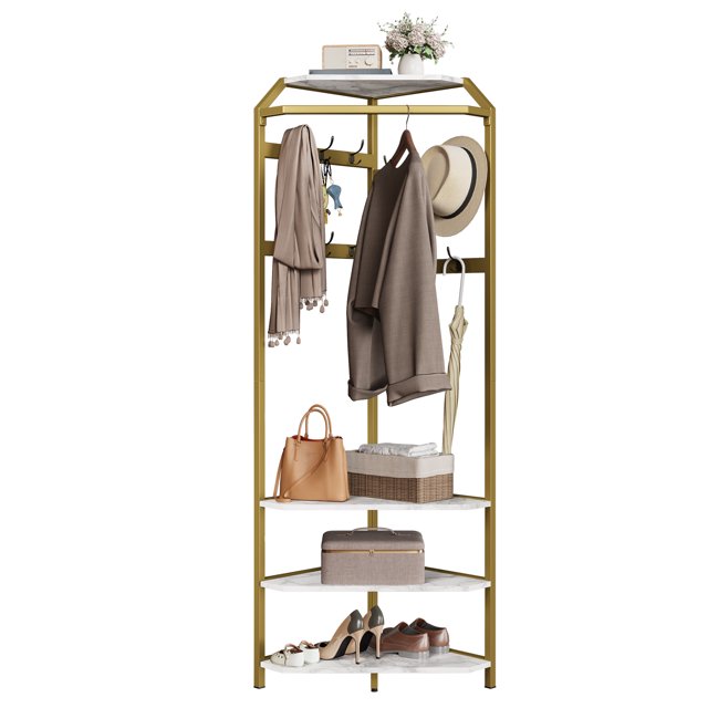 QinaQin Corner Coat Rack, 3 Shelves and 12 Hooks, Entryway Coat Rack, Industrial Style Coat Rack Storage Rack, with Shoe Cabinet