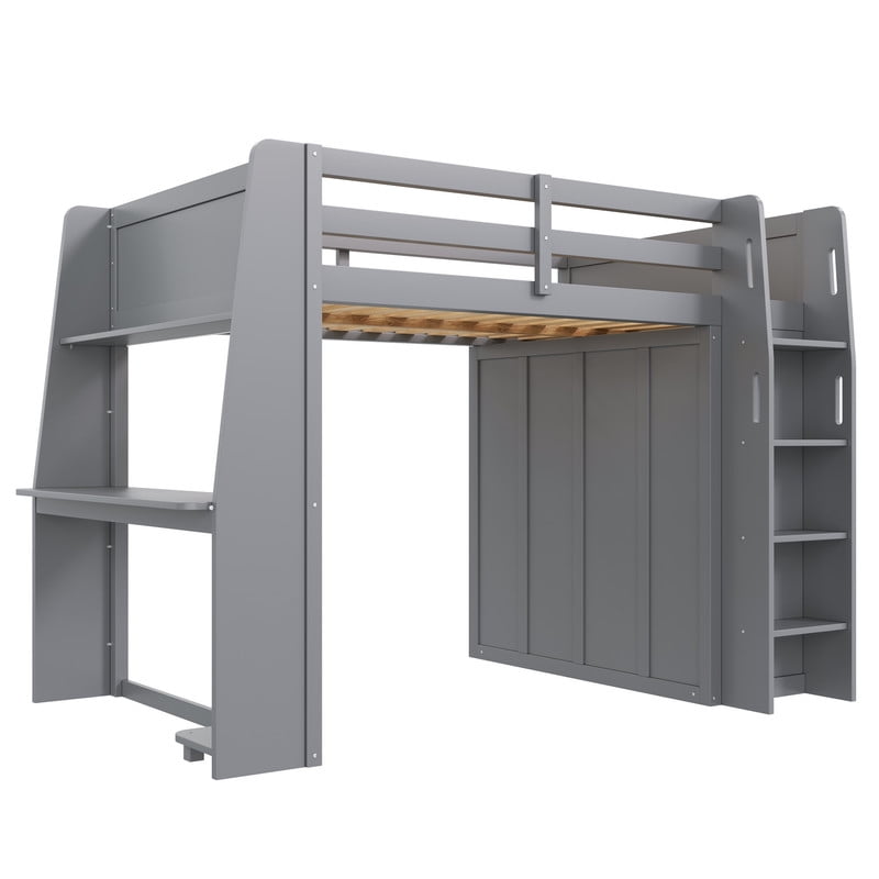 Full Size Wooden Loft Bed with Built-in Desk & Charging Station, Kids Storage Bed Frame with LED Light & Double Door Wardrobe