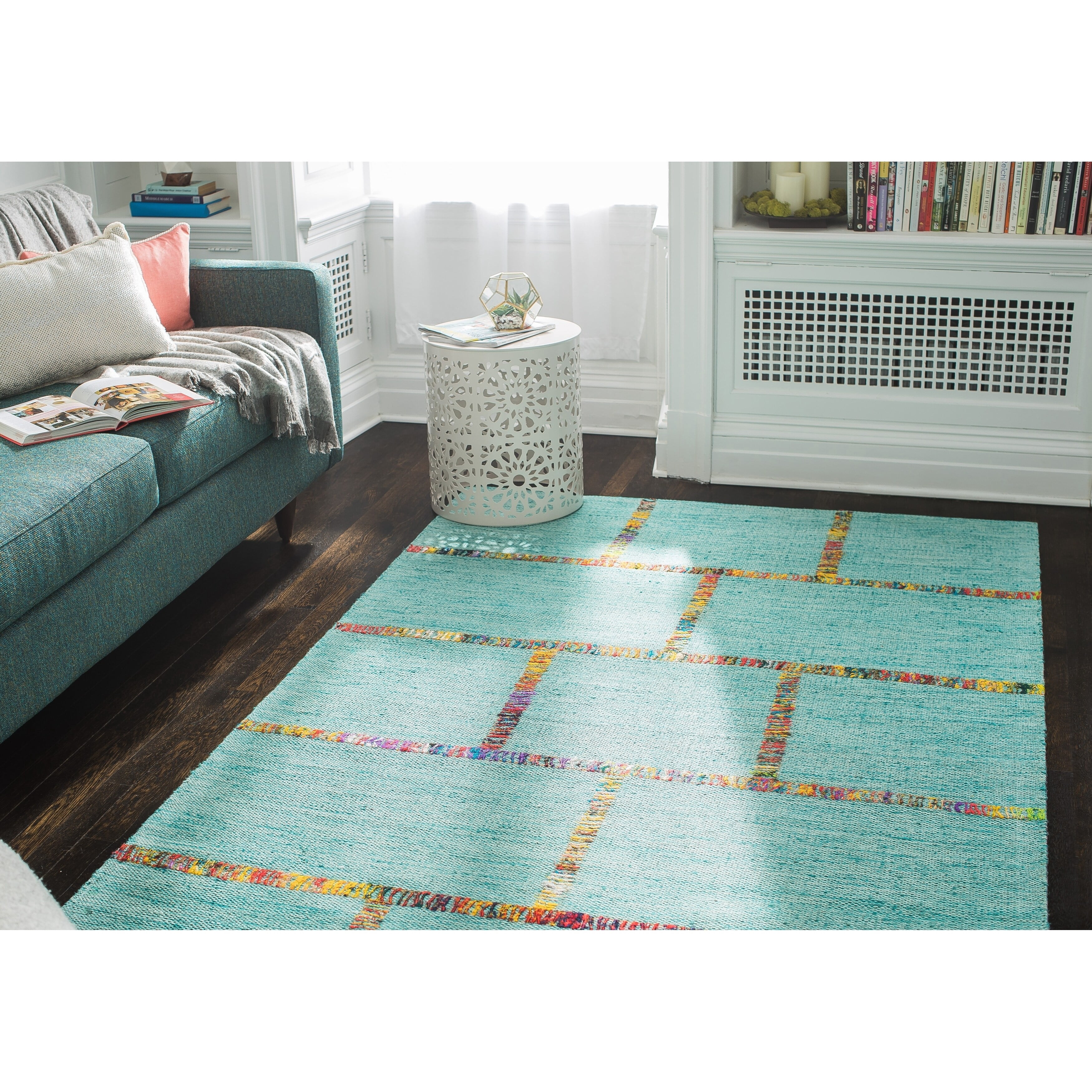Jani  Adia Turquoise Blue Jute Blend Flatweave Rug 8' x 10' 8' x 10'