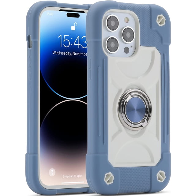 Compatible avec Étui iPhone 14 Pro 6.1 Pouces avec Support Anneau Intégré, Protection contre les Chutes de Qualité Militaire Étui Robuste 3 en 1 Protectrice Durable. (Bleu)