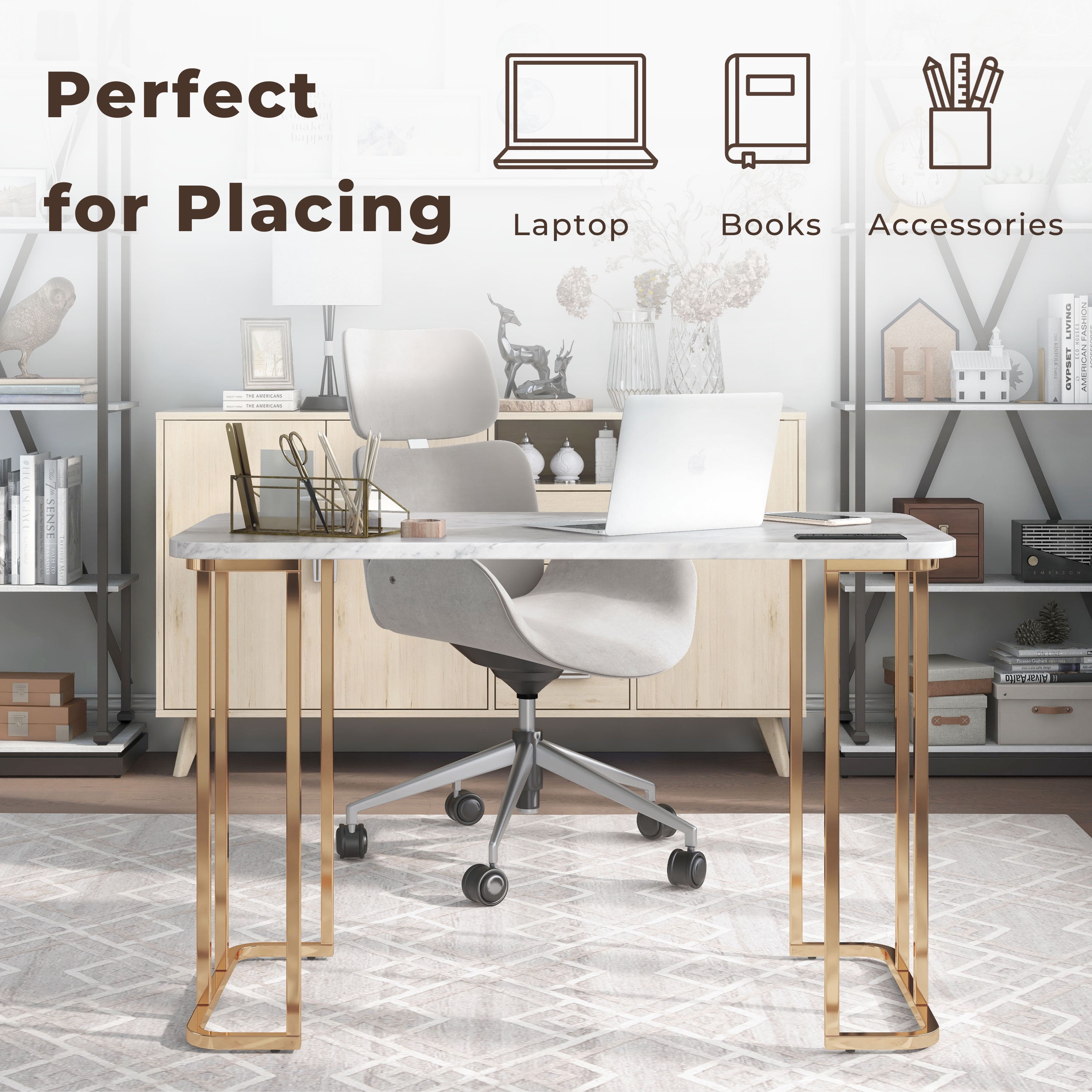 Furniture of America Vagarra Writing Desk with USB, White and Gold