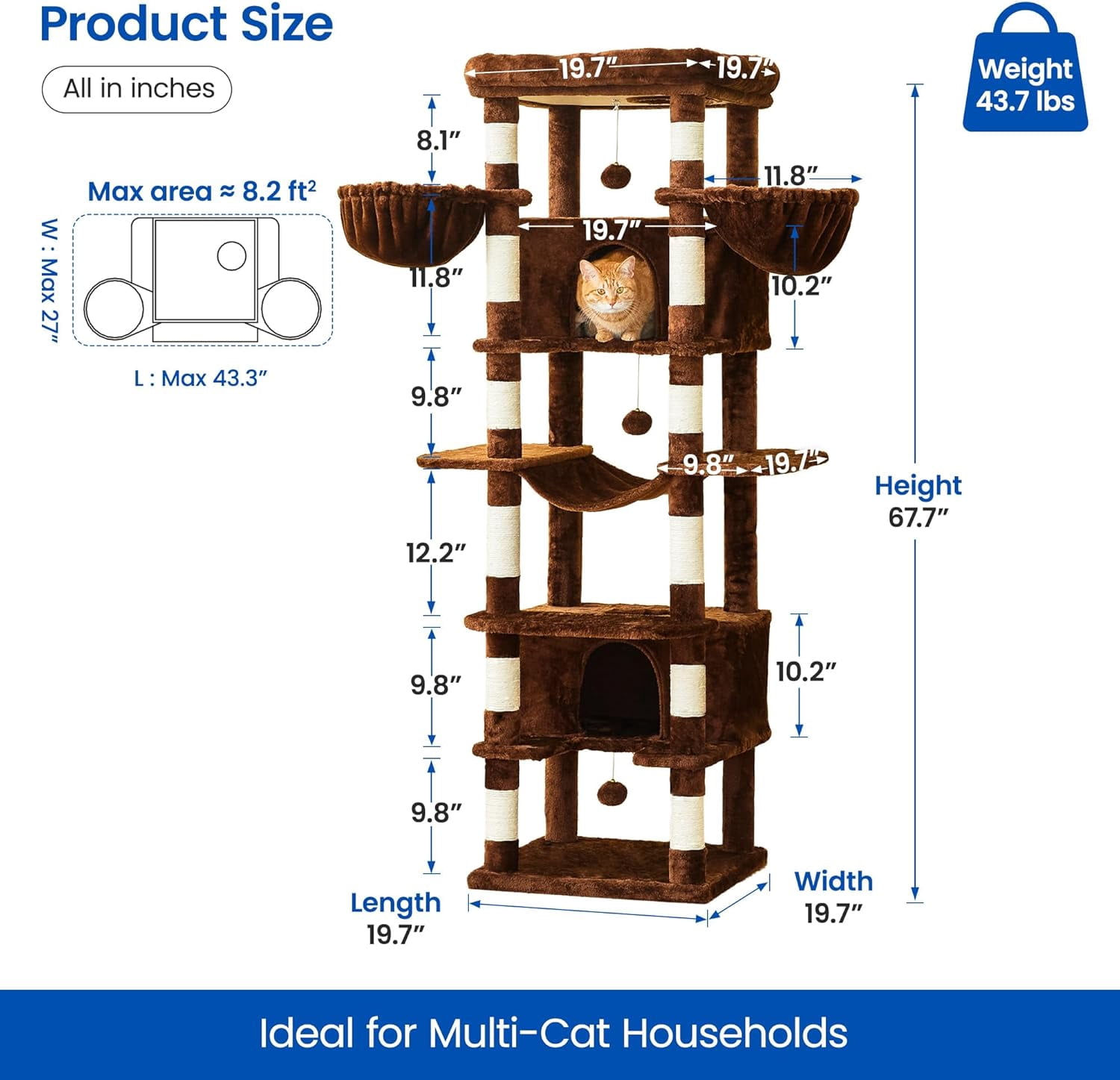 WSWJY Large Cat Tree, 67.7-Inch Tall Cat Tower for Indoor Cats with 2 Large Condos, Multi-Level Cat Stand for Large Cat with 3 Hammocks, Wide Perch, Scratching Posts, Dangling Toys, Brown