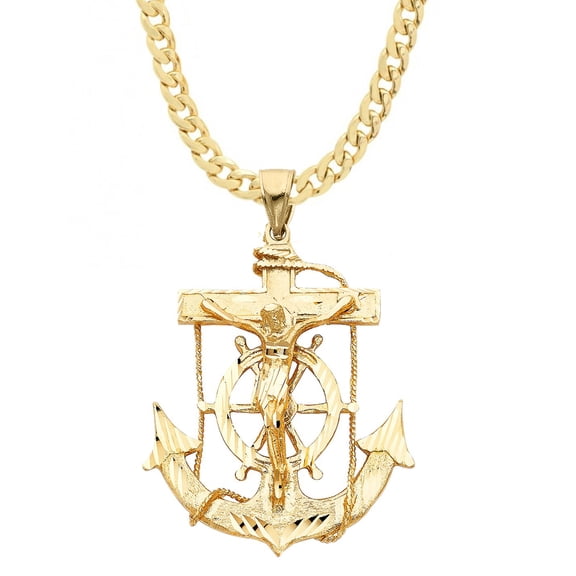 Precious Stars 14K Yellow Gold Large Mariner's Cross Pendant with 18" Chain Necklace