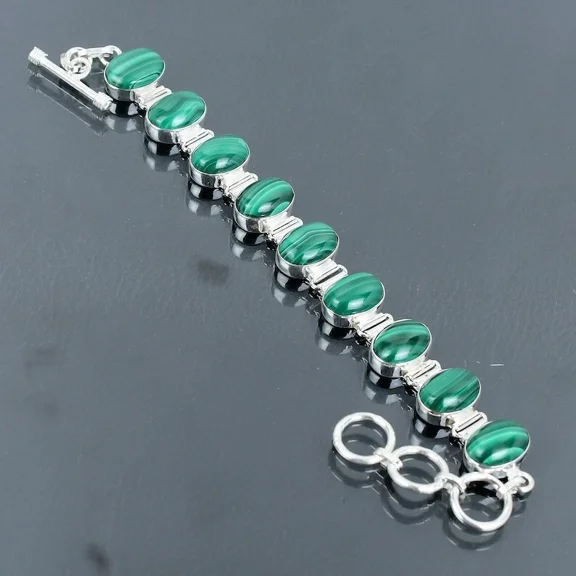 925 Sterling Silver Green Malachite Gemstone Handmade Jewelry Chain Bracelet