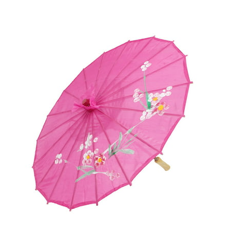 Flower Printed Fuchsia Polyester Bamboo Ribs Folding Parasol Dancing Umbrella