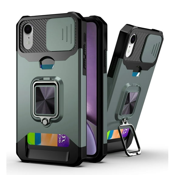 iPhone 6 Plus/6S Plus Case with Slide Camera Cover, Allytech Hard PC & TPU Impact Resistant Shockproof Bumper Protective Case with Ring Kickstand [1 Card Holder] Cover for iPhone 6 Plus, Darkgreen