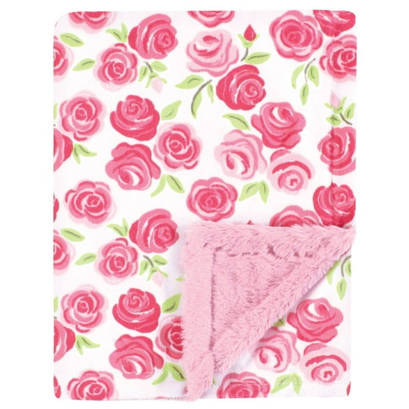 Hudson Baby Girls Plush Blanket with Furry Binding and Back, Pink Roses, One Size