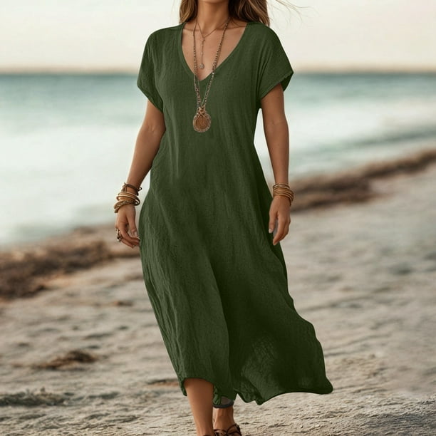 Traje de Falda Larga Para Mujer, Cuello En V, Vestido Informal de Lino, Atuendo de Primavera y Verano Con Sandalias