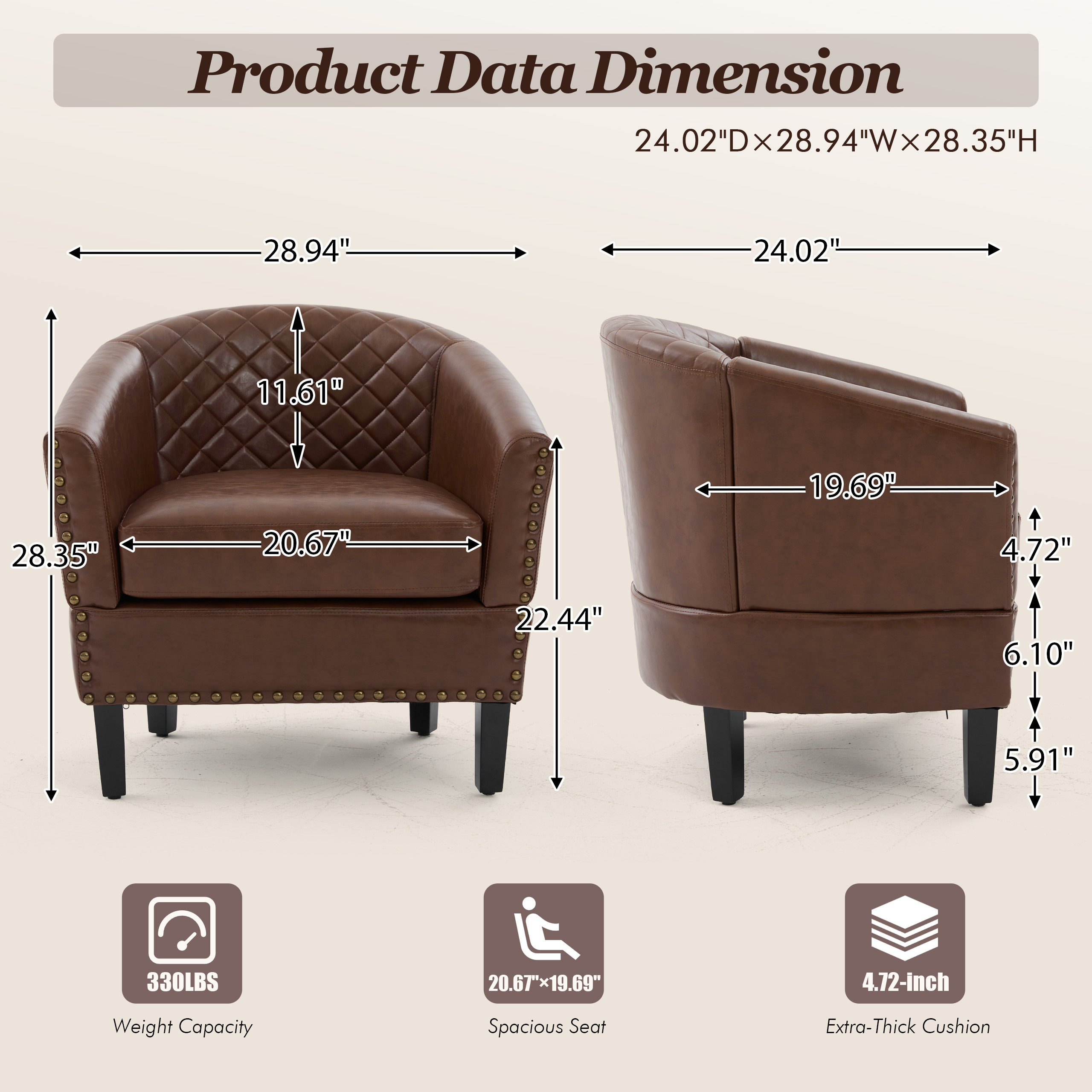 MOONMISS Barrel Accent Chair Club Armchairs Comfy chairs for Living Room, Bedroom,Brown