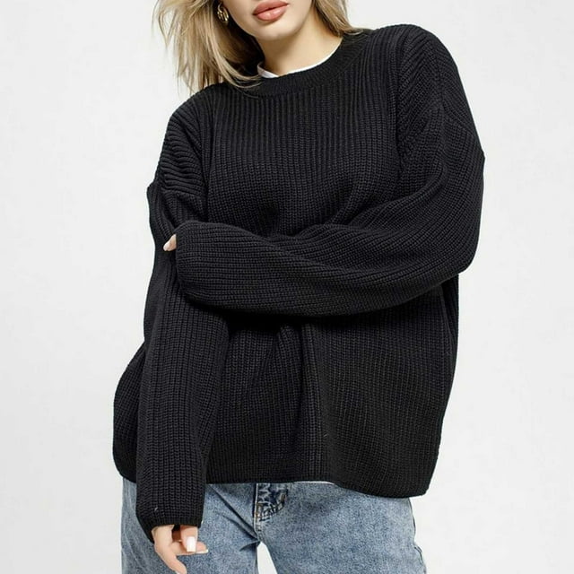 Fankiway Women'S Long Sleeved Loose Solid Color Round Neck Pullover Knitted Sweater