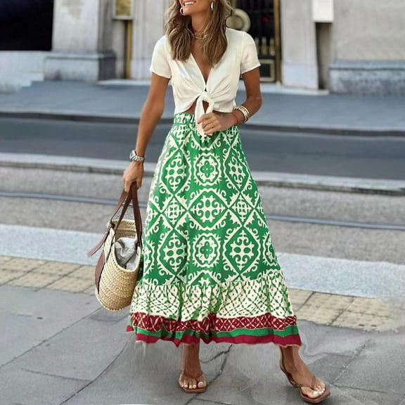 Luxalzxs Boho Maxi Skirts for Women Flowy Elastic High Waisted Beach Skirts Summer Casual Vintage A Line Pleated Flowy Skirts Bohemian Clothes